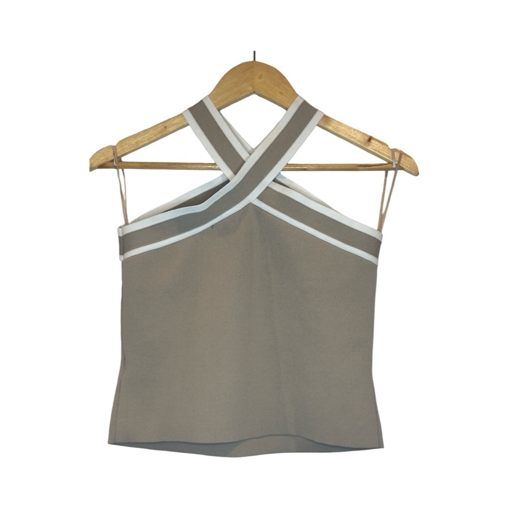 Sincerely Jules Tan and white Ribbed Cross neck Crop top Size M - Picture 2 of 6